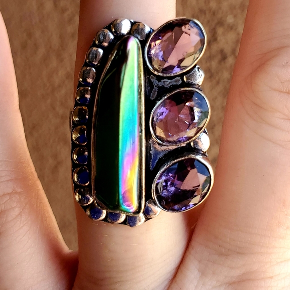 New Rainbow Hematite and Amethyst 925 Silver Ring. - Picture 14 of 16